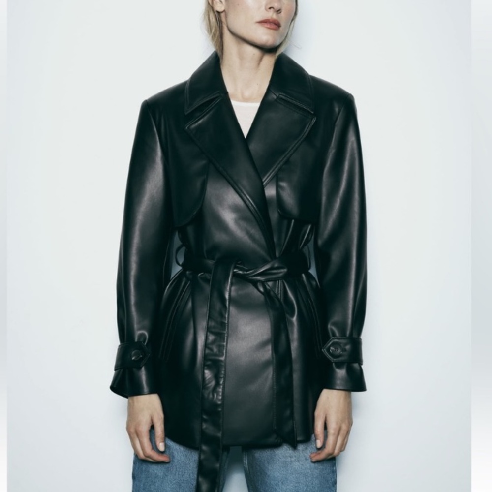 Zara trench coat faux leather black coat short coat belted coat Zara coat black